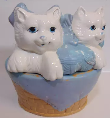 Kittens Vintage Cookie Jar Basket Yarn Balls White Blue Kitty Cats Mold Retro • $29.99