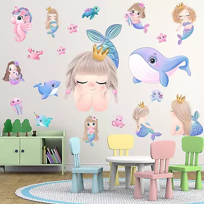 Mermaid Wall Decals For Girls Room| Large Mermaid With Turtle| Jellyfish| Whales • $18.61