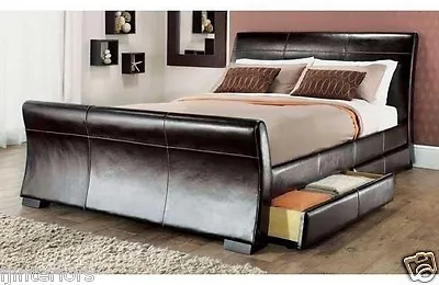 4 Drawers Leather Storage Sleigh Bed Double Or King Size Beds + Memory Mattress • £198.30