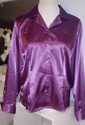 New Vintage Kathy Lee Lavender Purple Satin Blouse Cuff Sleeves  Button Up L • $24.99
