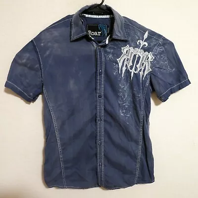 Roar Signature Shirt Mens Small Short Sleeve Button Blue Embroidered Distress • $32