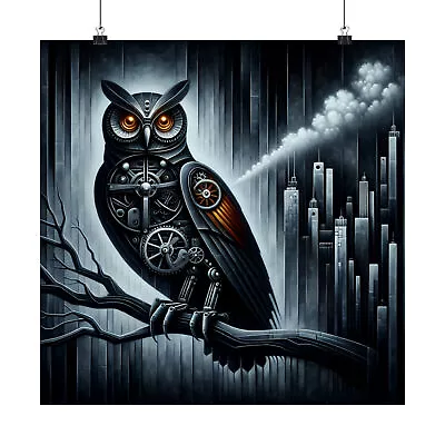 Matte Square Poster Wall Art Art Deco Mechanical Owl Steampunk Cyber Retro City • $24