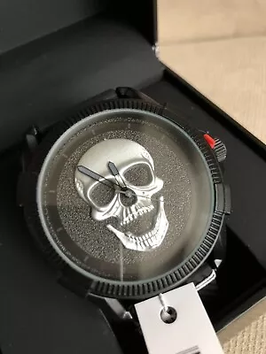 Men’s ED HARDY Black & Silver SKULL Watch Black Silicone Band - NIB • $60