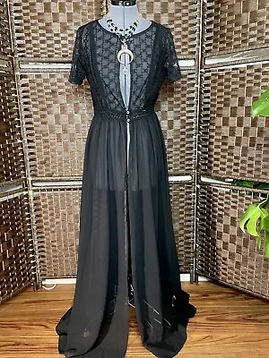 Black Maxi Dress Sheer Coverup Lace Crochet Short Sleeves M Kaftan See Through • £27.02