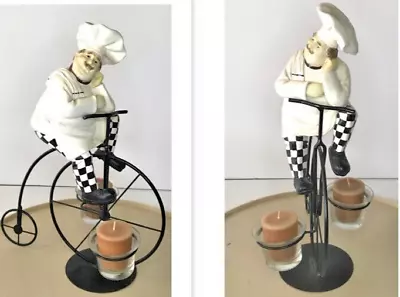 Chef Riding High Wheel Bicycle Figurine W/Votive Candle Holders- SEE VIDEO CLIP • $23