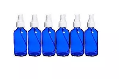 6 NEW 4 Oz. Cobalt Blue Boston Round GLASS Spray Bottle WHITE Fine Mist Sprayer • $12.99