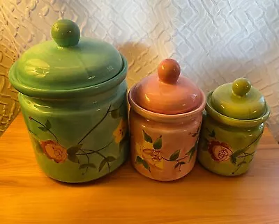$36 • Buy Vintage Set Of 3 Exclusively Norcrest Floral Ceramic Kitchen Canister Set 