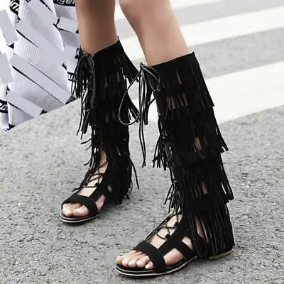 Womens Lace Up Tassel Knee High Gladiator Sandals Flat Summer Boots Shoes Roma • $58.07