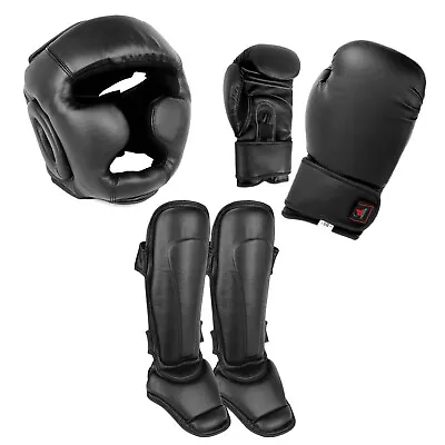Black Sparring Gear Head Gloves Shin Instep Guard MMA Kickboxing Muay Thai Set • $84.99
