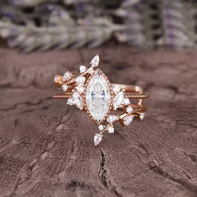 Vintage Marquise Nature Inspired Wedding Ring Set Moissanite Silver Ring Women • $230