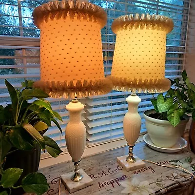 27  Pair Of Vtg Bedroom Lamps W/ Chenille Shade W/ Tulle Ruffled Trim • $119.99