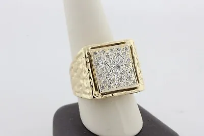 Vintage 14K Yellow Gold Chunky Nugget Style Square Face Diamond Men's Ring Sz 11 • $2250