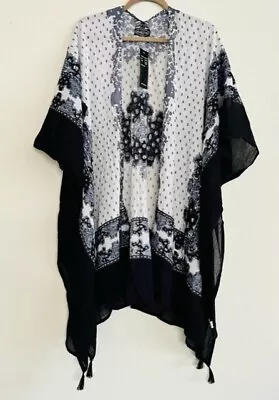 1X/2X/3X OS Plus New Black White Gray Blue Gauze Kimono Top Beach Cover-up Print • $45.51