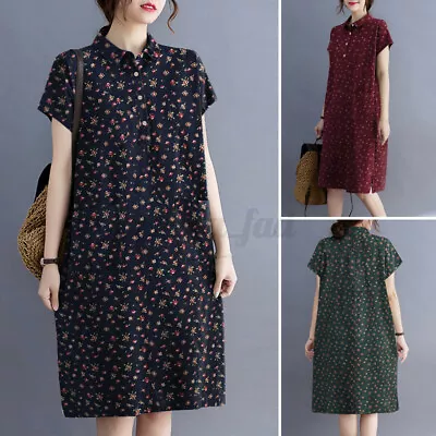 $24.26 • Buy ZANZEA Women Summer Vintage Floral Print Midi Sundress Collar Short Sleeve Dress