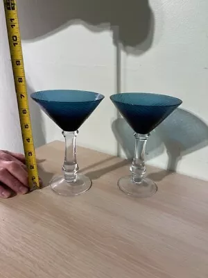 Swirl Pattern Aqua Blue 7” Duo Tone Martini Glass Set Of 2 • $40