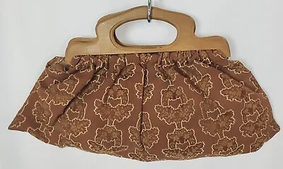 Vintage Knitting Bag Brown Jacquard Tapestry With Wooden Handles Craft Purse • $26.96