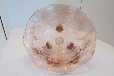 $10 • Buy Vintage Fenton Art Glass Pink Bowl-embossed Deer/stag- Holly Leaves-zipper Rim