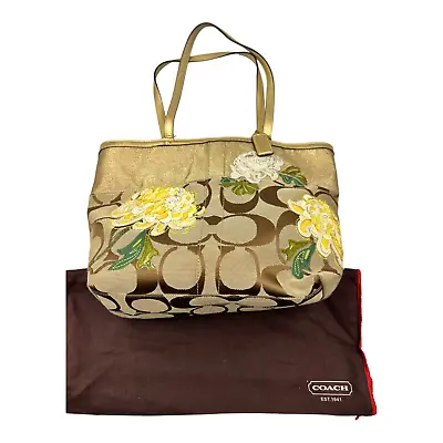 COACH Signature C Khaki Gold Leather Poppy Glam Shoulder Tote Bag 13826 • $85