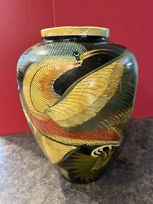 Large Vintage Mexican Tonala Haint Painted Vase/urn/  Exotic Bird And Flowers • $265