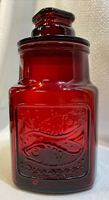 Wheaton Apothecary Jar Ruby Red Airtight 9.5  Pressed Glass Fish Dove 1960's  • $20.57