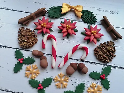 £1.80 • Buy CHRISTMAS Pine Poinsettias Holly Edible Sugar  Cake Decorations Cupcake Topper