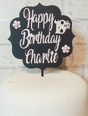 Personalised Black Plaque Birthday Cake Glitter Card Topper Any Name & Age • £5.99