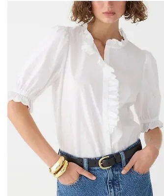 J Crew White Organic Cotton  Ruffle Short  Sleeve Button Up Blouse Top XXS NWT • $45.50