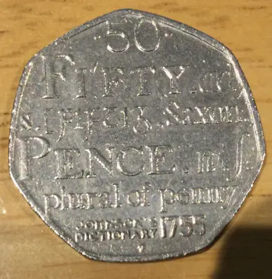 2005 UK 50p Johnson's Dictionary 1755 Saxon Plural Of Penny Fifty Pence Piece • £1.60