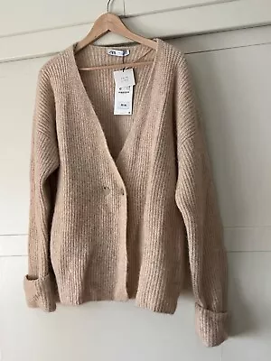 NWT $90 ZARA Beige Long Sleeved Chunky Wool Cardigan Sweater Size Large Grunge   • $29.99