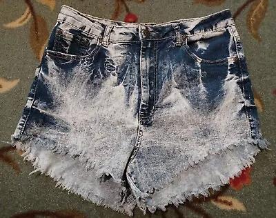 Womens Jean Shorts Acid Washed High Waisted High Rise Cut Off Blue Size 11 Lings • £12.34