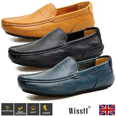 Men's Leather Casual Shoes Breathable Flats Loafers Slip On Driving Work Shoes • £18.99
