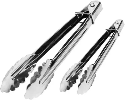 2x Stainless Steel Salad Tongs BBQ Kitchen Cooking Food Serving Bar Tong Utensil • £4.95