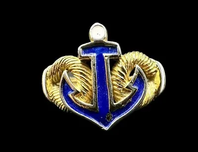 Vintage Crown Trifari Blue & Gold Enamel Anchor Ring RARE Nautical Retro • $42