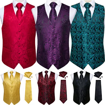 $21.99 • Buy Mens Waistcoat Red Black Paisley Floral Silk Vest Suit Tie Set Wedding Gilet