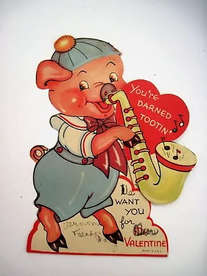 Vintage Antique Mechanical Valentine W/ Pig Playing A Saxophone    * • $21