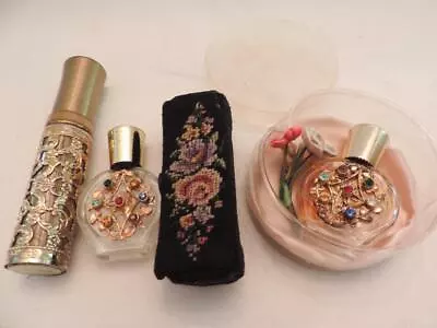 4 Pc Vintage Perfume Bottles Atomizers Petite Point Lipstick Case • $14.99
