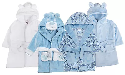 Baby Boys Hooded Fleece Dressing Gown Soft Bath Robe Wrap Towel Toddler Months • £9.95