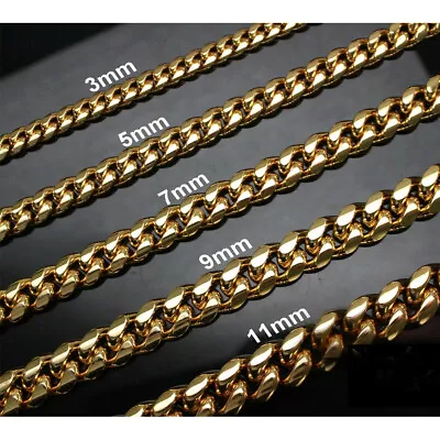 3/5/7/9/11mm Gold Plated Stainless Steel Curb Cuban Chain Necklace/Bracelet Men • $10.44