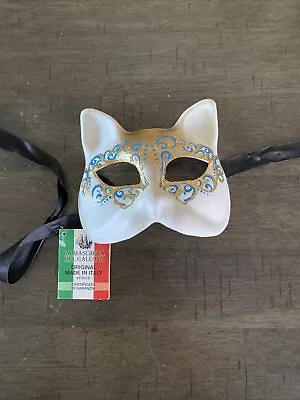 Mask From Venice Cat White Gold Painted Handmade • $14.99