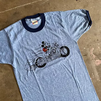 VINTAGE 80s MICKEY MOUSE RIDING A MOTORCYCLE RINGER T-SHIRT SZ S DISNEY 70s • $80