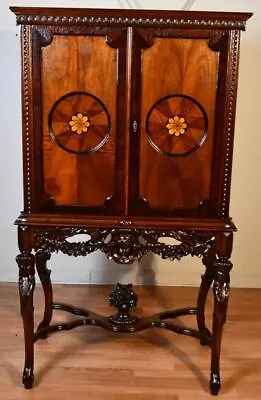 1910s Antique French Carved Walnut Inlaid Liquor Cabinet • $1950