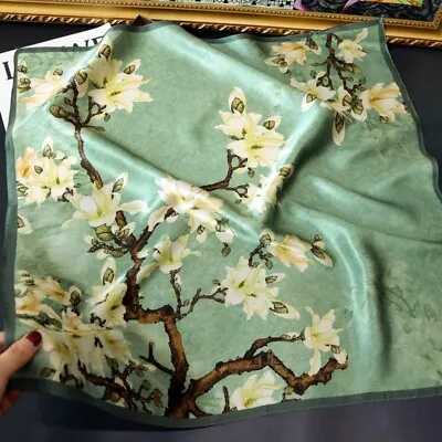 100% Silk Scarf Women Vintage Green Flowers Kerchief Square Bandana Wrap 68*68cm • $13.72