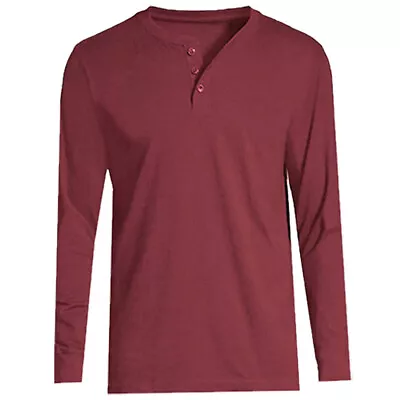 Mens Long Sleeve T-shirt Grandad Buttons Neck Plain Cuff Casual Hanley Top M-3XL • £5.99