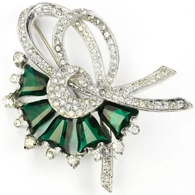 Mitchel Maer Pave And Kite Shaped Emeralds Bow Swirl Bowknot Pin • $485