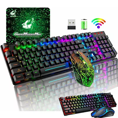 Wireless Gaming Keyboard And Mouse & Mat Combo Mechanical Feel Backlit For PC • $17.99