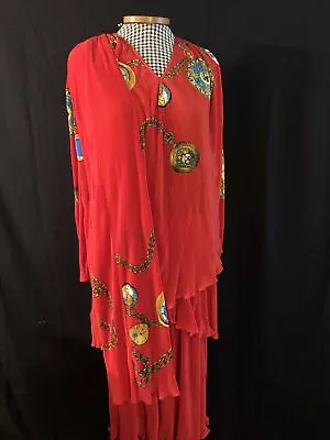 Vintage Virginie Paris France Accordian Micro Pleats Floral Print Red  Dress L • $35