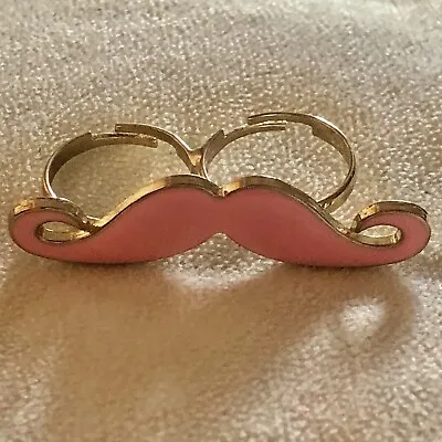 Cute Pink Enamelled Moustache Design Statement Double Ring Fashion UK Size P • $7.47
