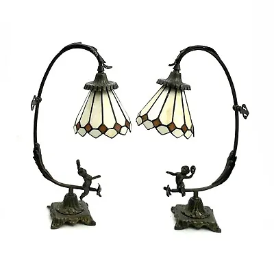Lamp Cherub Design Metal With Stain Glass Shade Pair Old Vintage Decor • $475