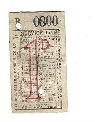 Bus Ticket    London General Omnibus Co Ltd Serv 15a 1d  Geographical Punch • £2.99