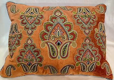 MacKenzie Childs Pistache Lumbar Boho Pillow Embroidered Orange Velvet 24x18 • $40